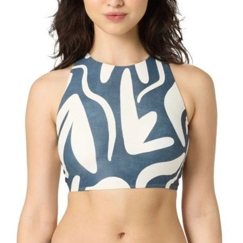Sol Angeles Bikini Set Small S Navy Malibu High Neck Top & Mid Rise Bottom NWT